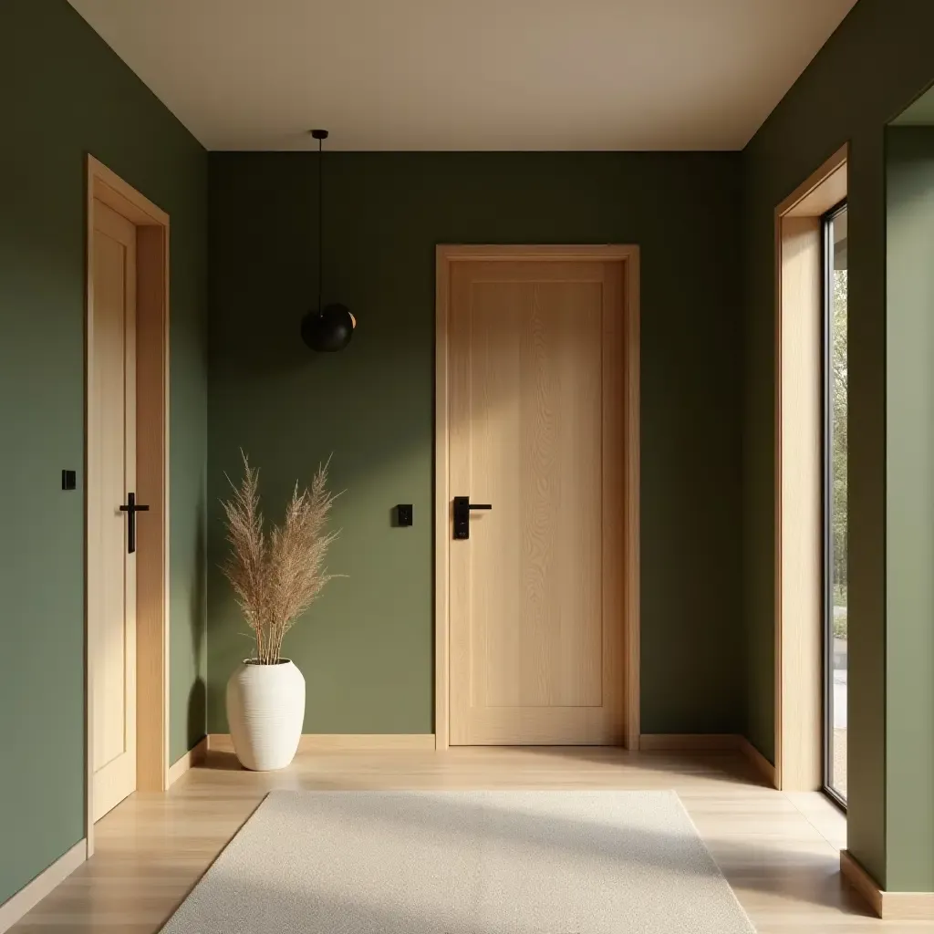 a photo of an entrance hall showcasing olive green walls and natural wood accents