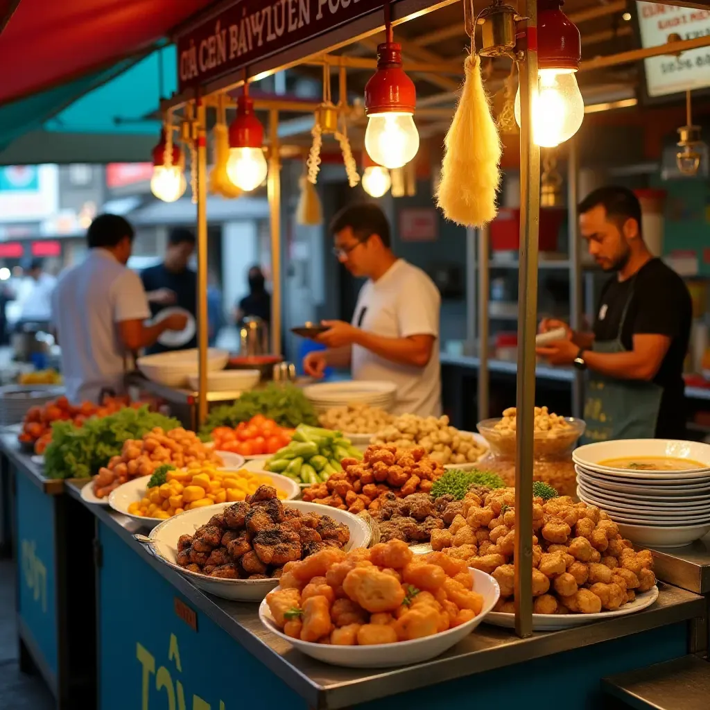 a photo of colorful Vietnamese street food stalls with unique dishes beyond banh mi.