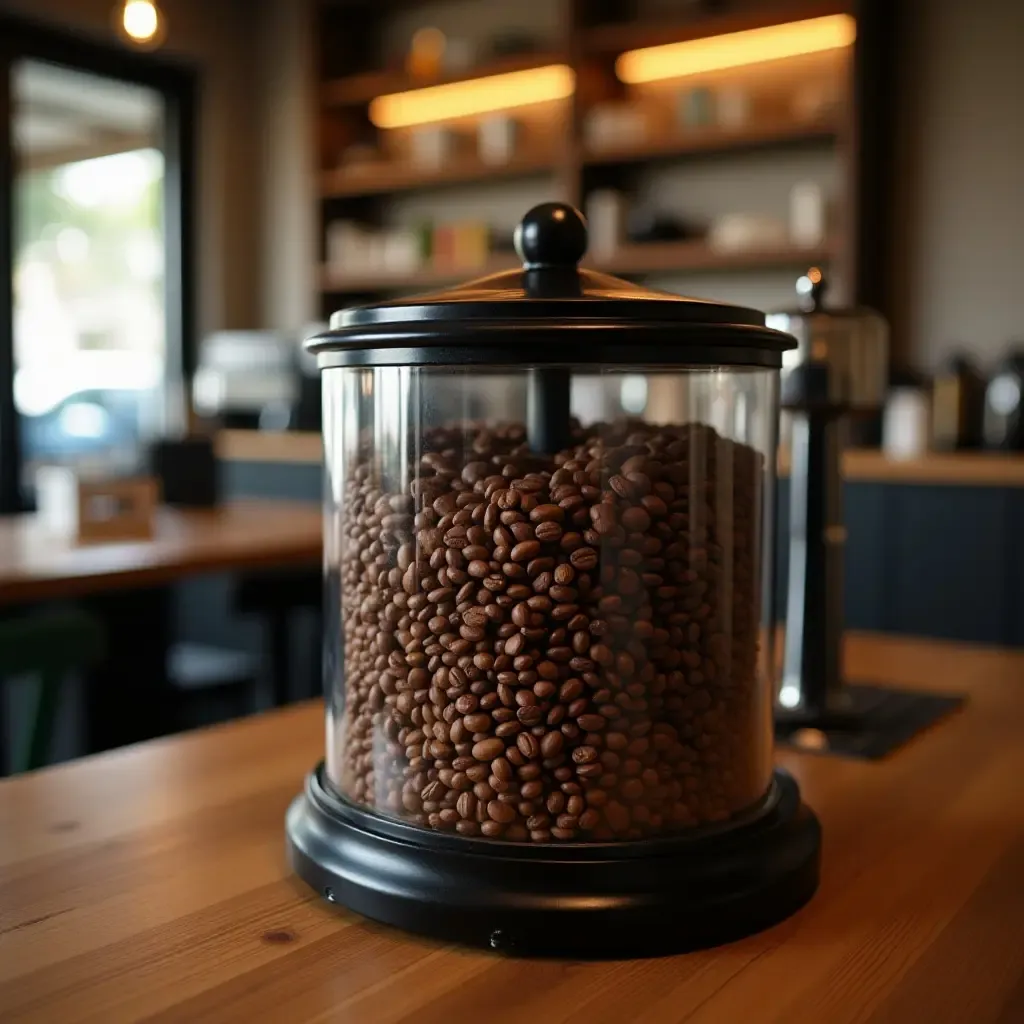 a photo of a coffee station with a rotating display of coffee beans