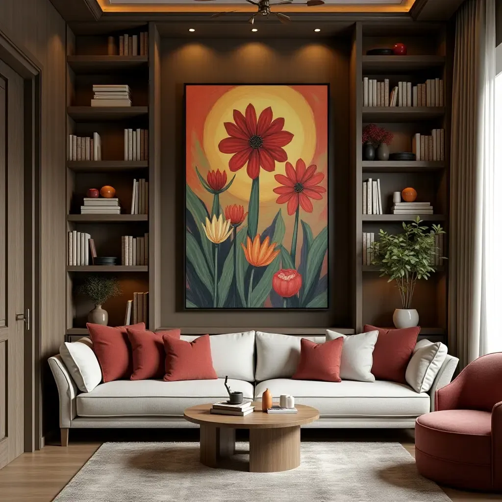 a photo of a cozy library corner with Mediterranean-style wall art