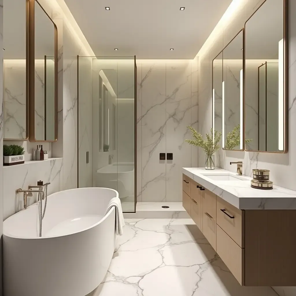 a photo of a modern bathroom with floor-to-ceiling mirrors and ample lighting