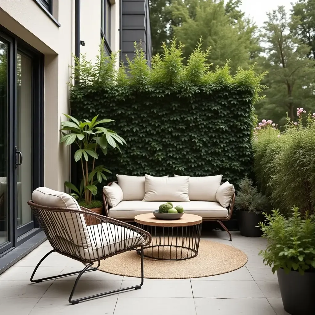 a photo of a chic balcony with metallic furniture and greenery