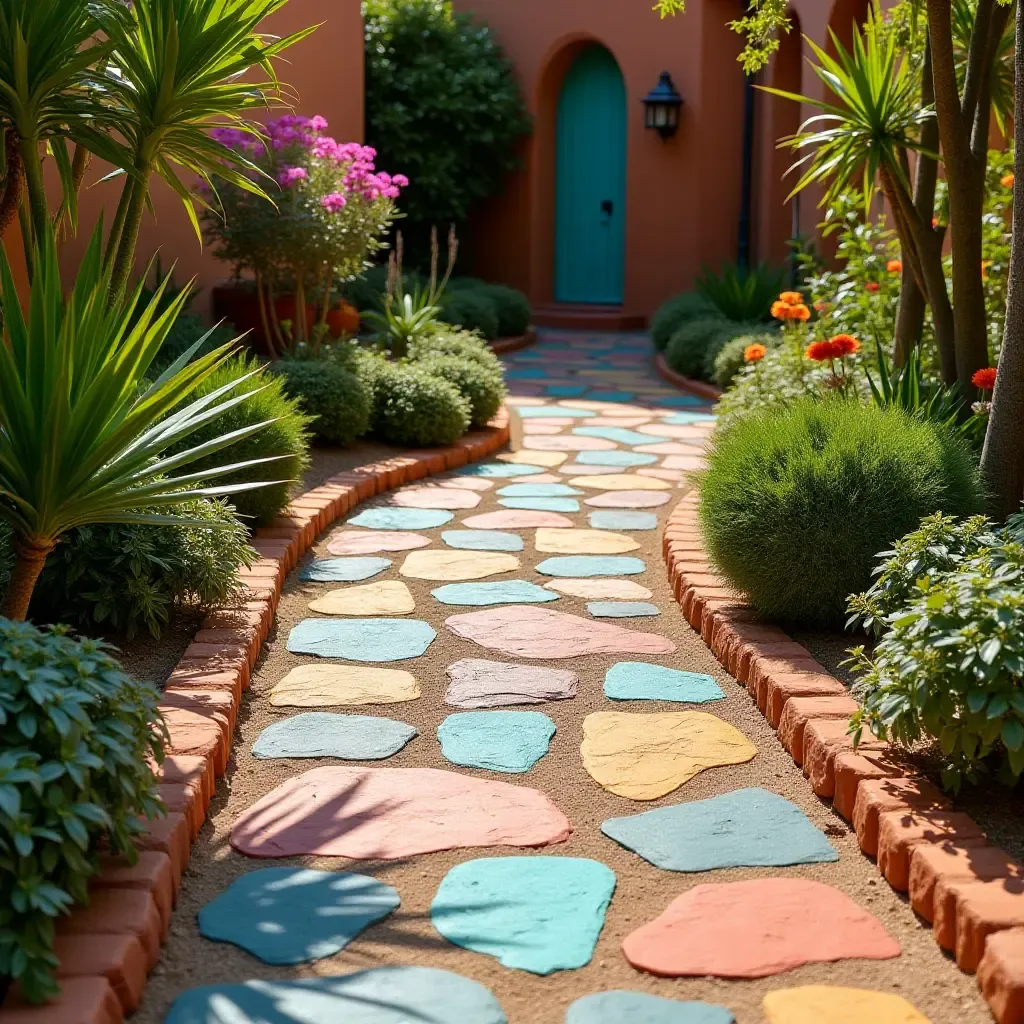 a photo of a garden pathway lined with colorful stones and traditional Mexican art