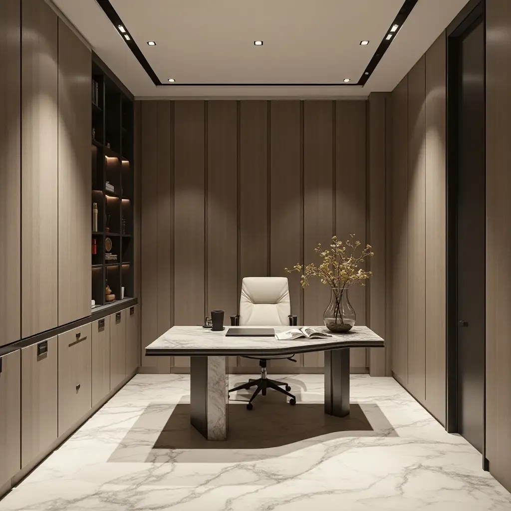 a photo of a sophisticated basement office featuring marble details