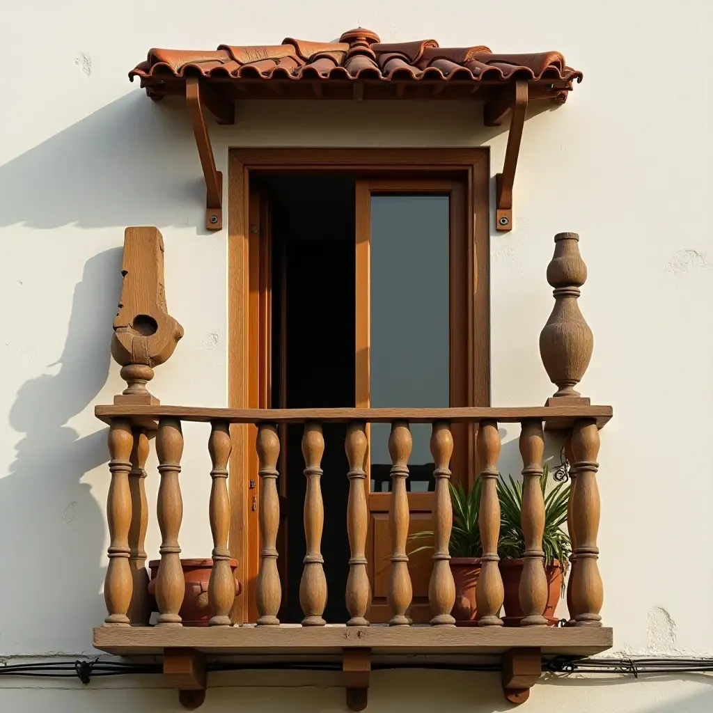 a photo of a balcony adorned with wooden sculptures and art