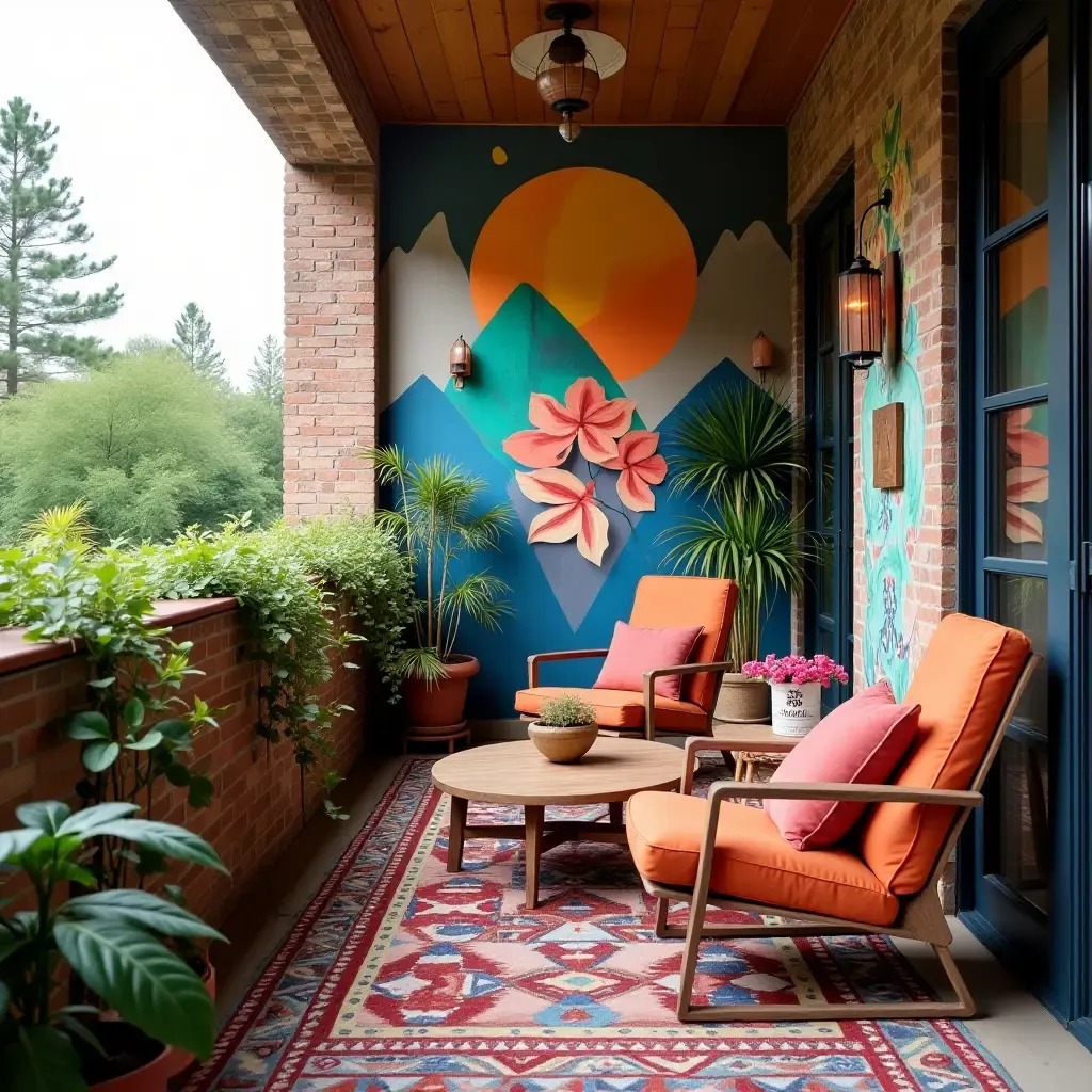 a photo of a balcony featuring a colorful mural and cozy seating