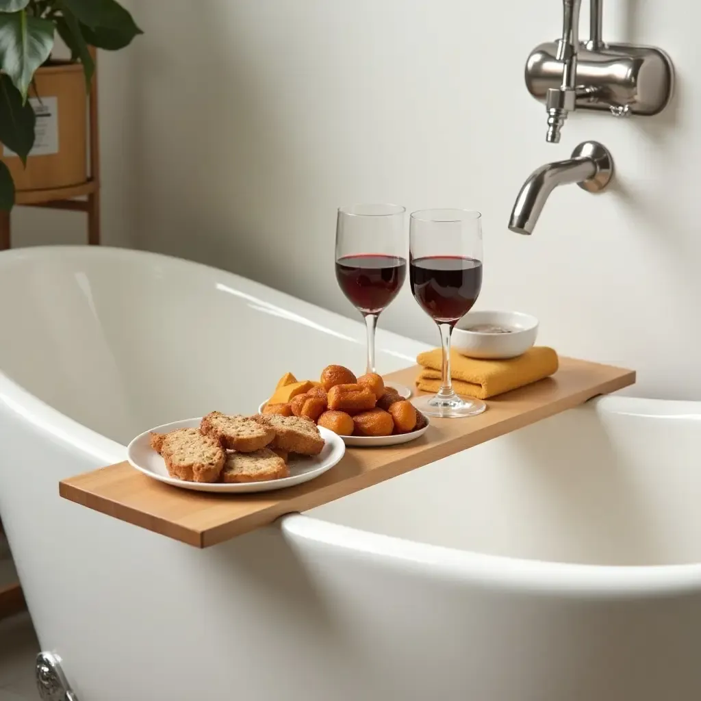 a photo of a wooden bathtub tray with wine glasses and snacks