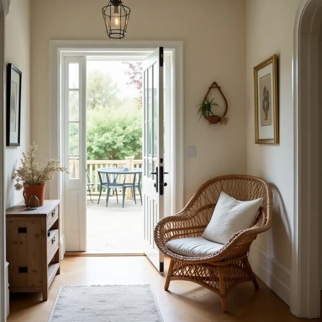 a photo of a warm entrance hall with knitted throw pillows on a wicker chair