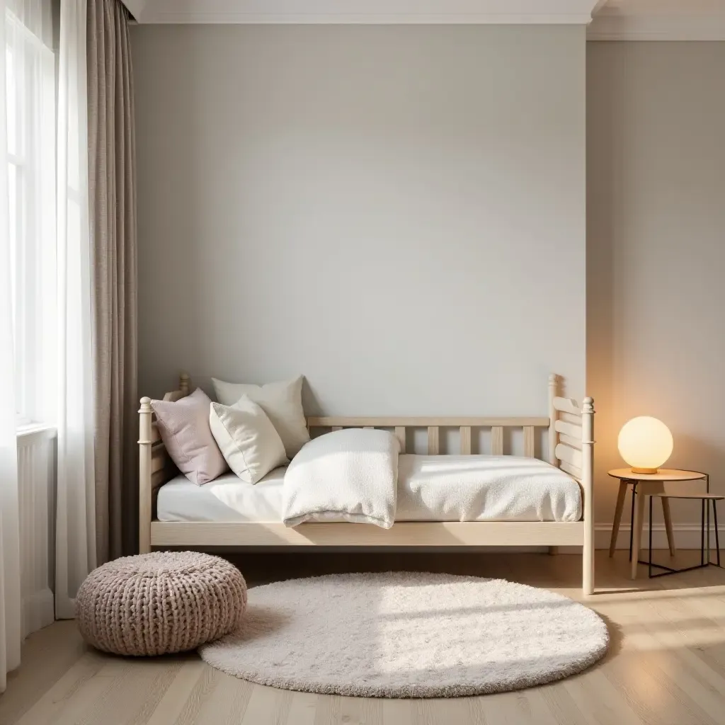 a photo of a stylish children&#x27;s room featuring a low bed and soft textures