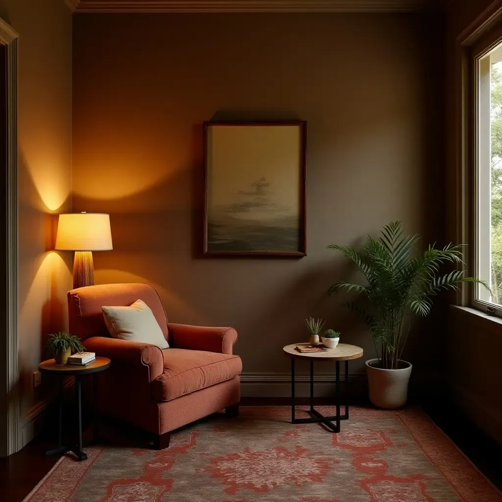 a photo of a welcoming seating area featuring a vintage armchair and warm lighting