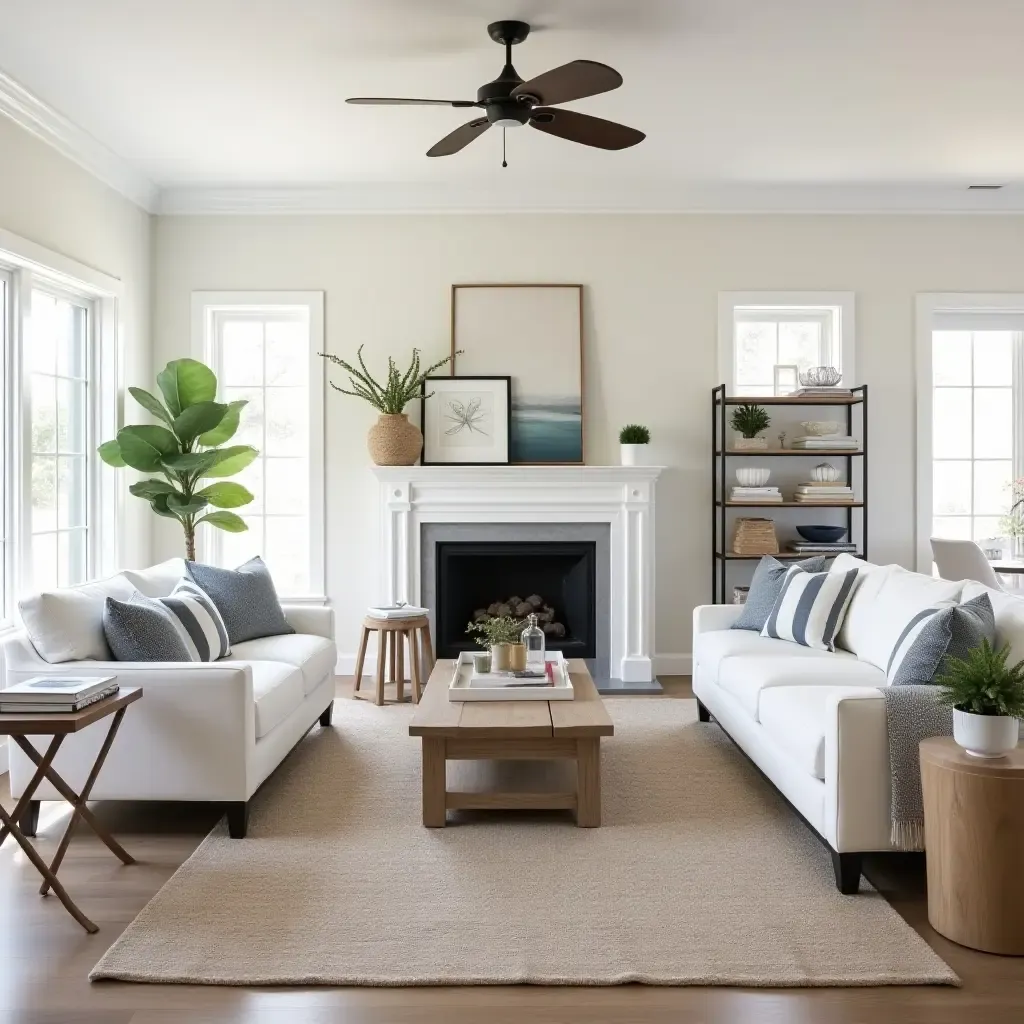 a photo of a living room with a combination of farmhouse and coastal decor