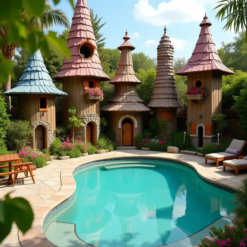 a photo of a whimsical birdhouse village surrounding the pool area