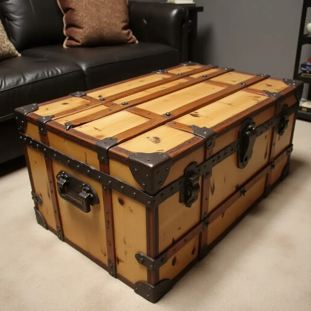 a photo of an old trunk repurposed as a coffee table in a basement