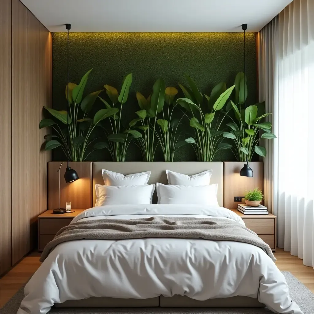 a photo of a bedroom with plants integrated into the headboard design