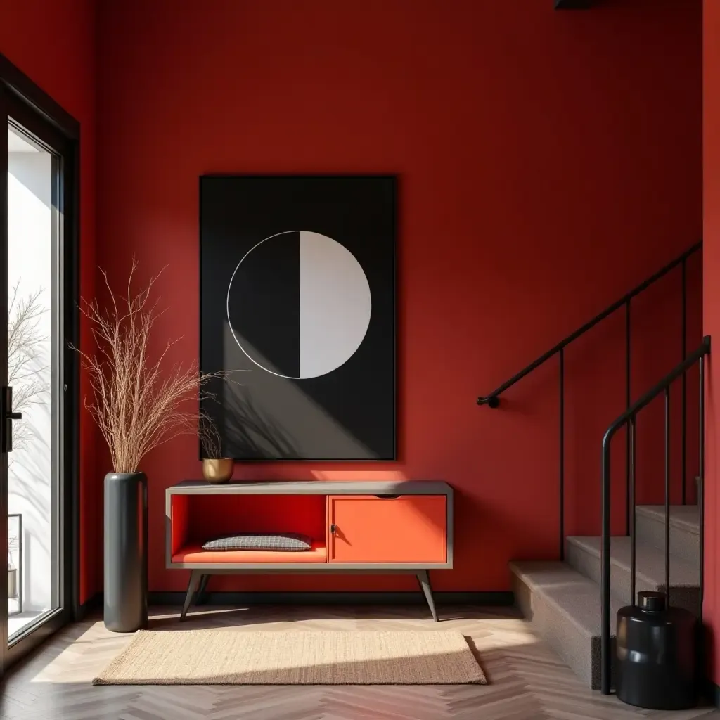 a photo of a bold red and black entryway with contemporary art pieces