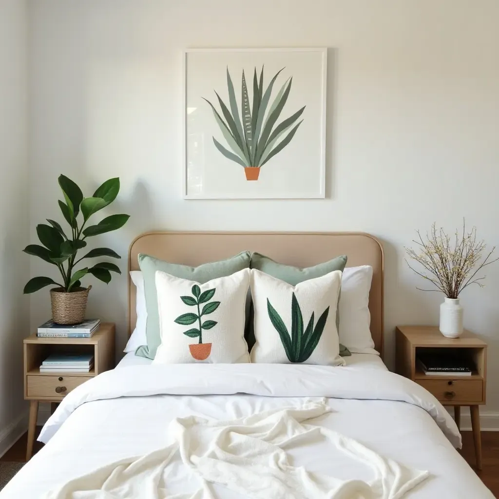 a photo of a teen&#x27;s room featuring plant-themed throw pillows