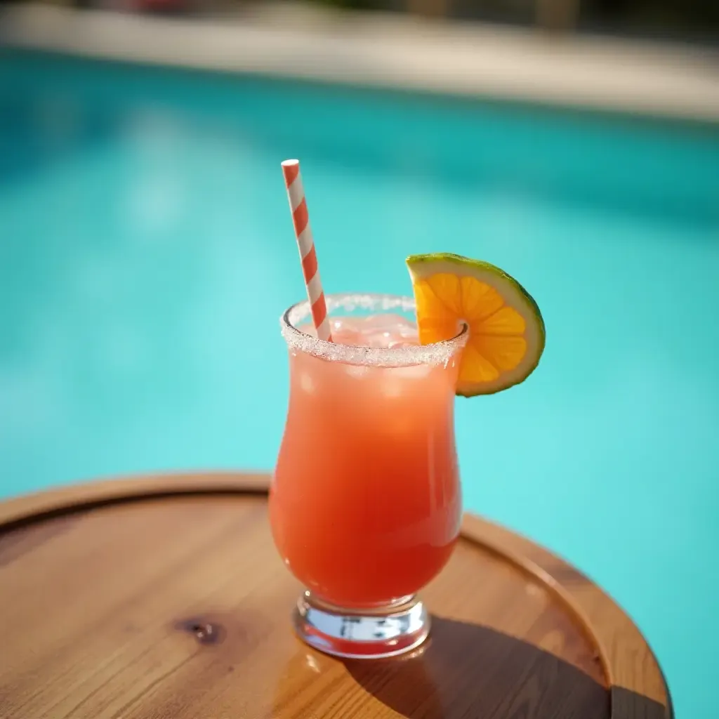 a photo of a wooden side table with a tropical drink by the pool