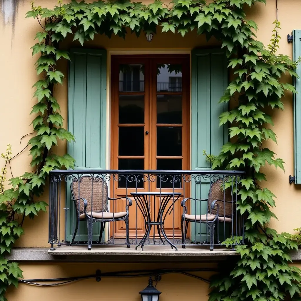 a photo of a vintage balcony with wrought iron furniture and climbing vines