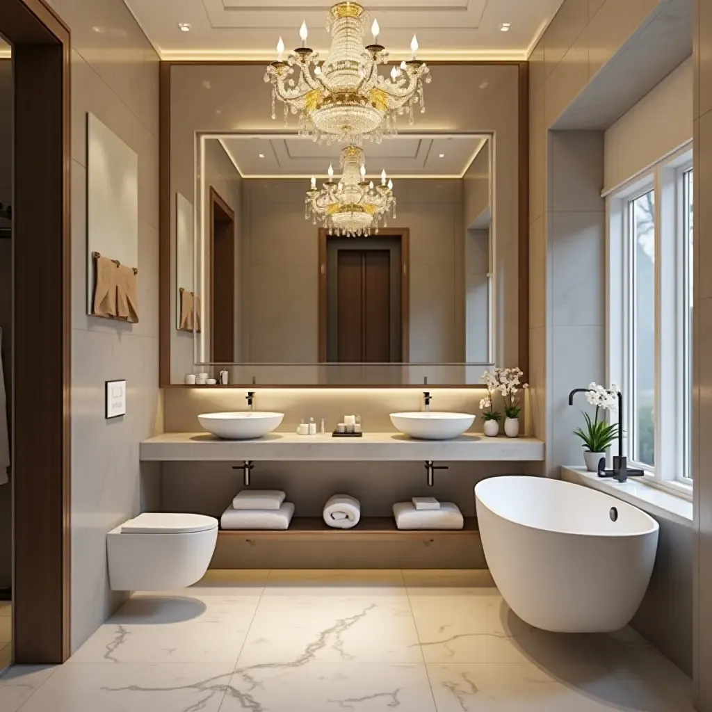 a photo of a modern bathroom with a glamorous chandelier and plush towels