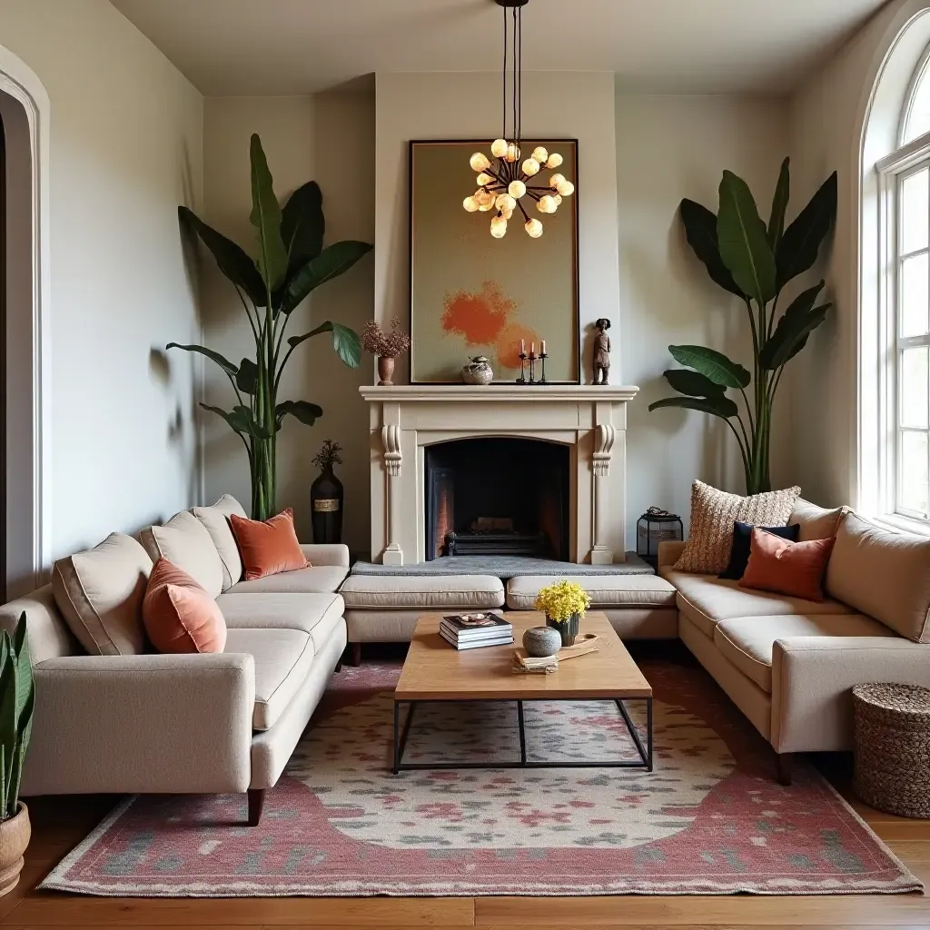 a photo of a bohemian living room featuring a sectional and a decorative fireplace