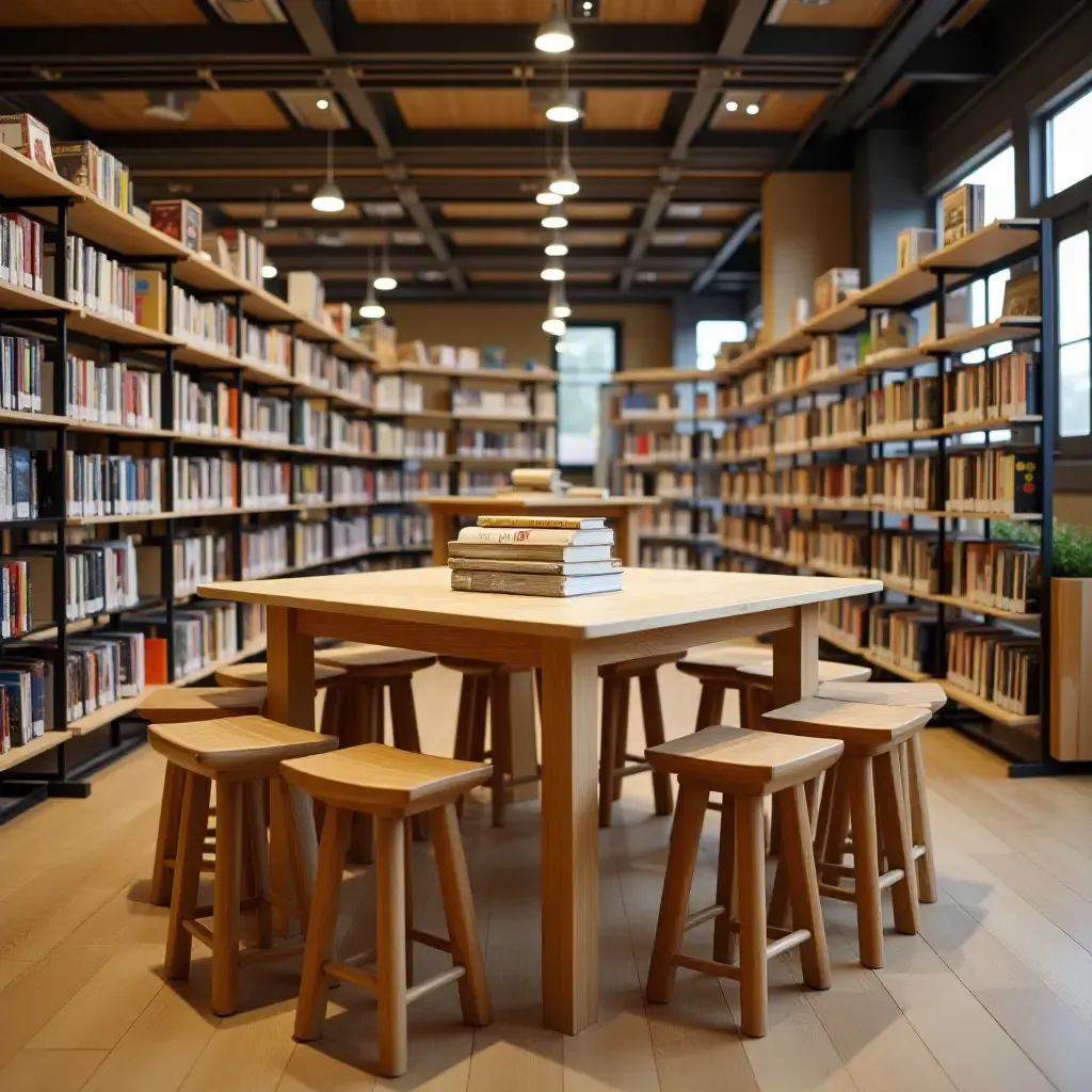 a photo of a library with wooden stools and a communal reading table