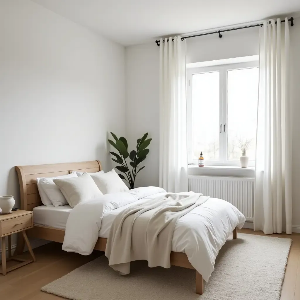 a photo of a light-filled Scandinavian bedroom with a simple, uncluttered layout