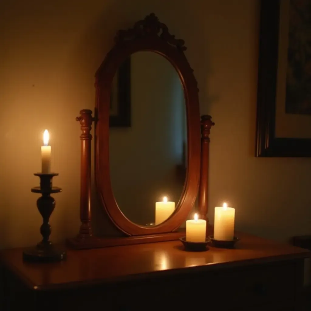 a photo of a vintage mirror reflecting soft candlelight in a cozy bedroom