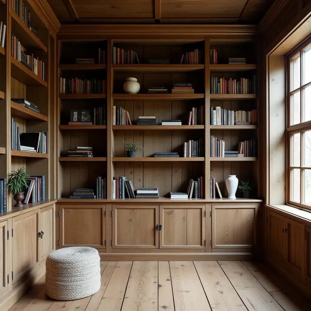 a photo of a rustic library with reclaimed wood shelving