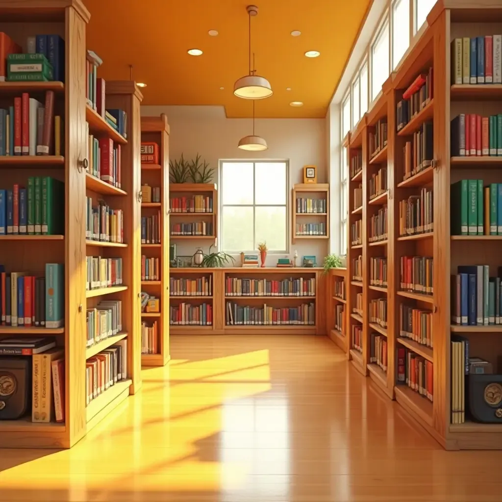 a photo of a library with wooden elements and bright, cheerful colors