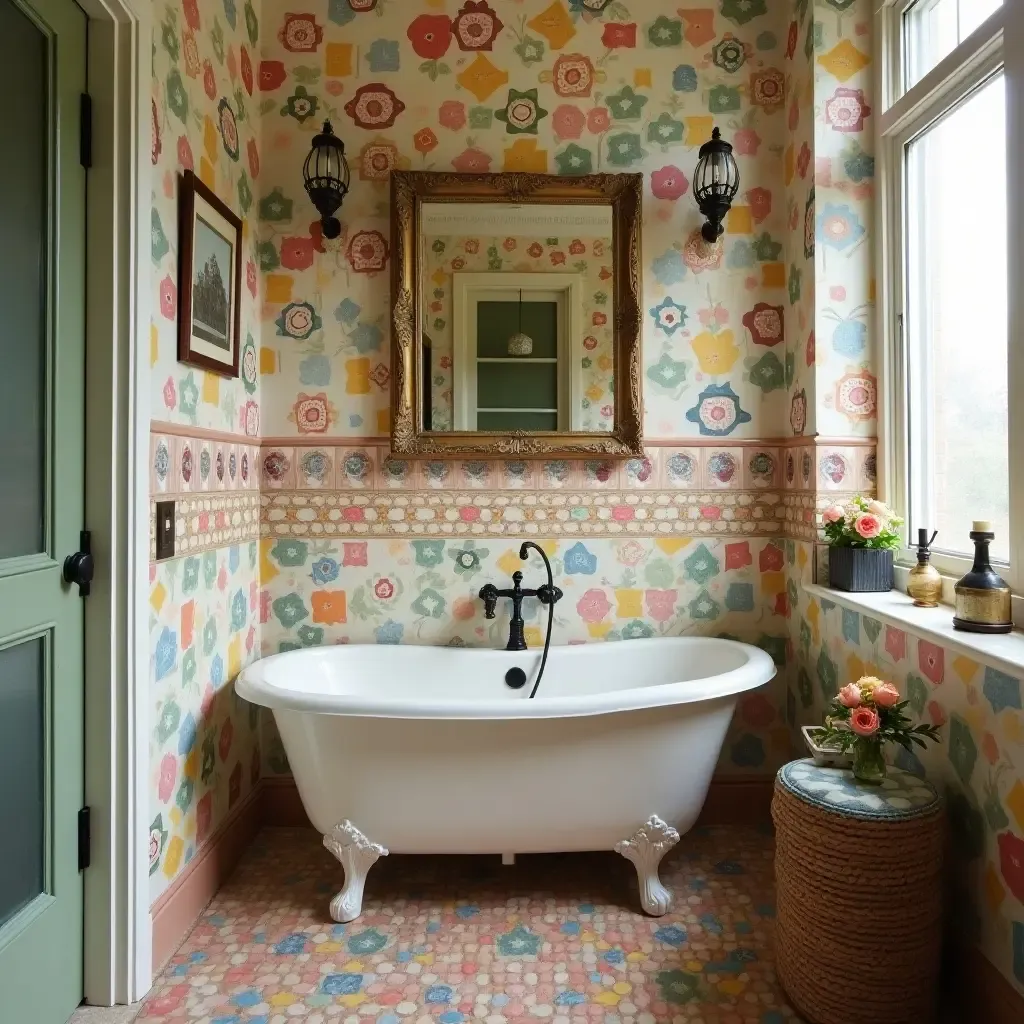 a photo of an eclectic bathroom with colorful patchwork tiles and vintage decor