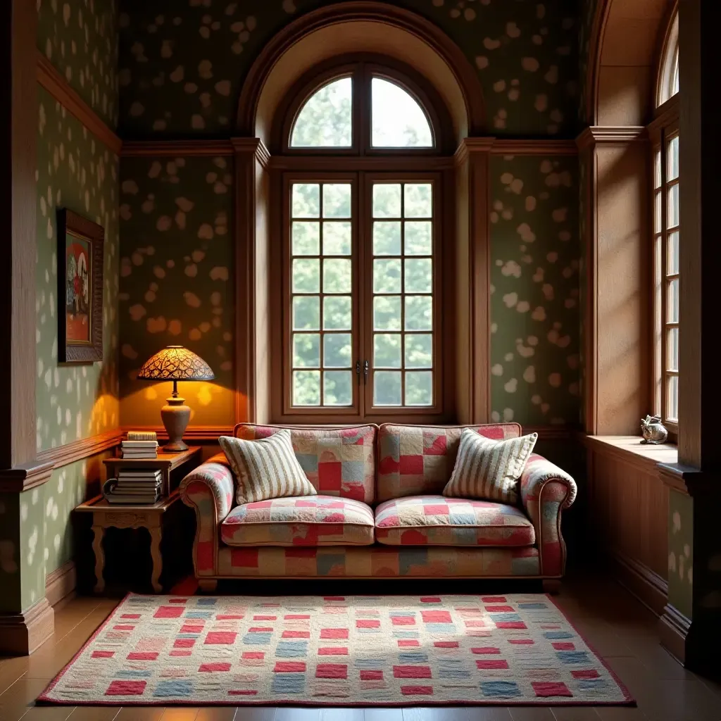 a photo of a reading area with a patchwork quilt and soft lighting