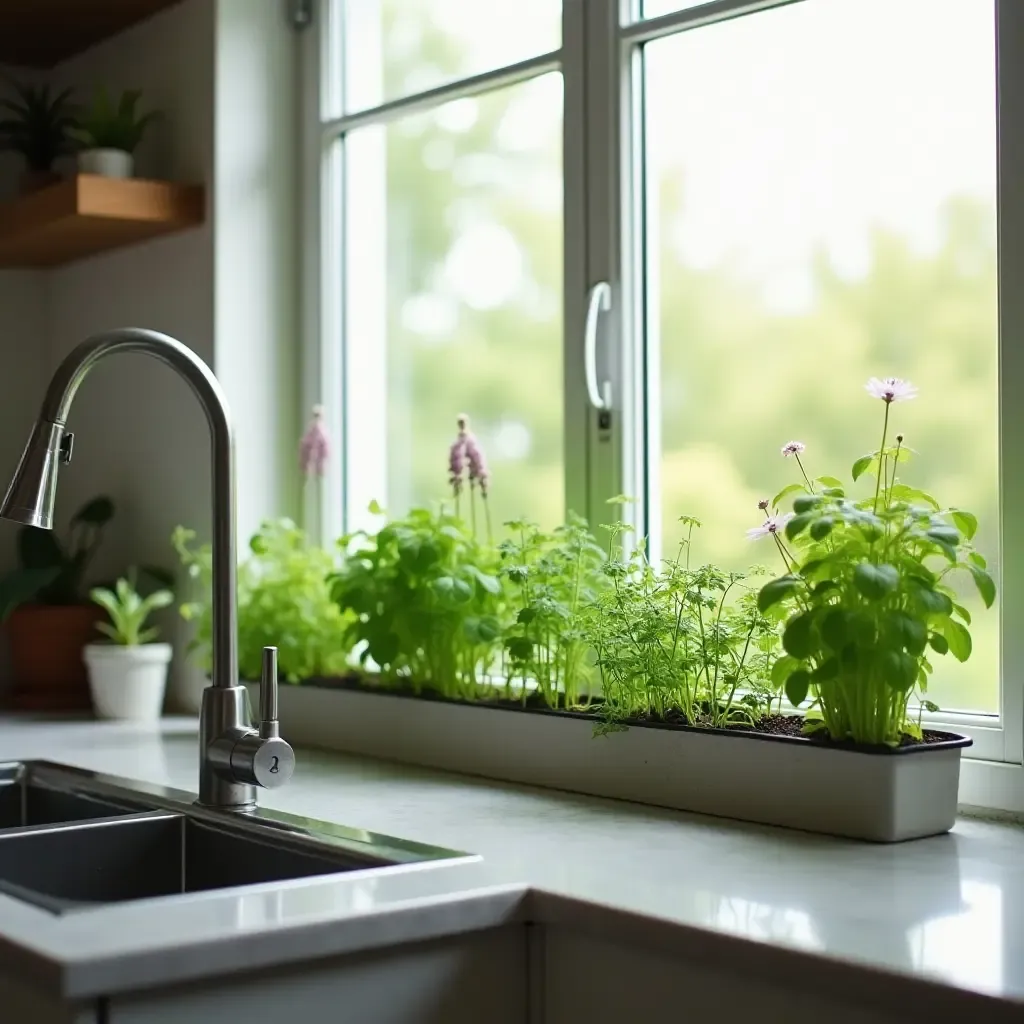 a photo of a modern kitchen with a herb garden on the windowsill