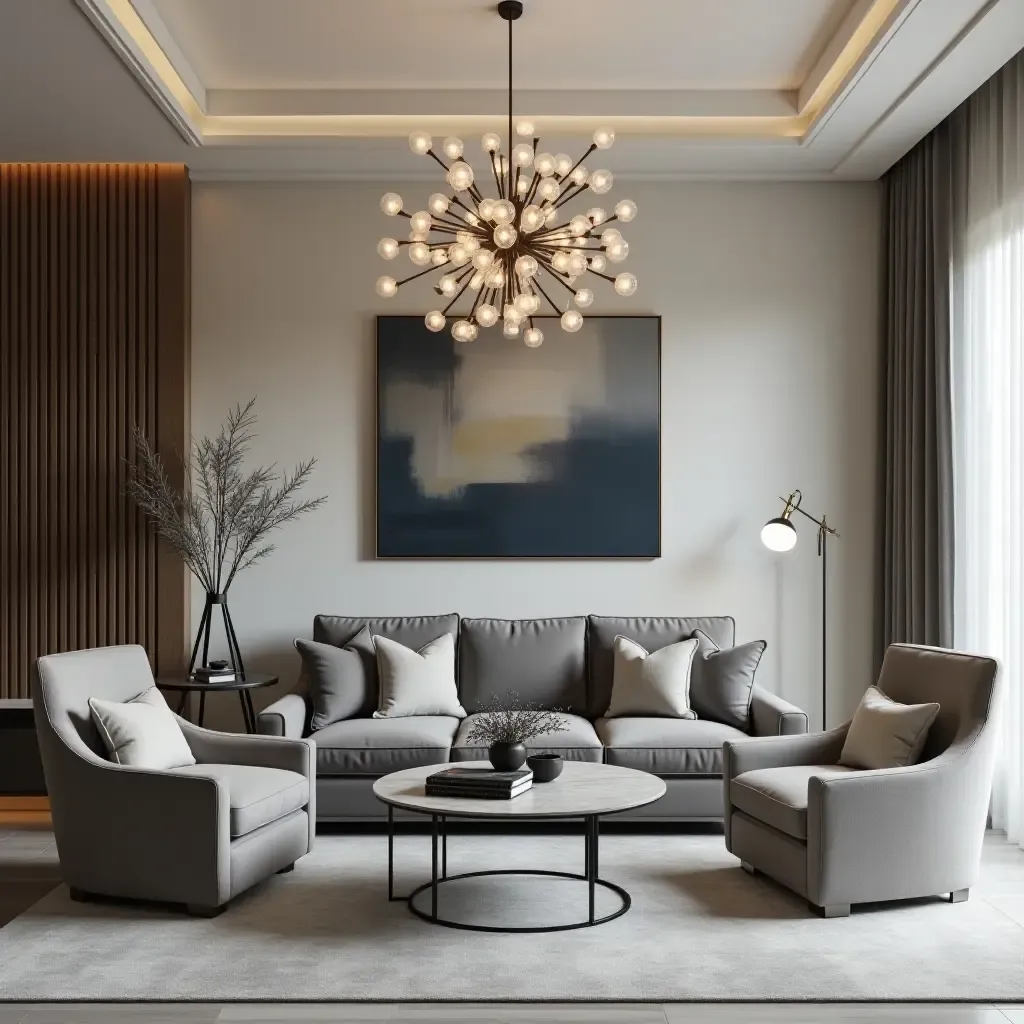 a photo of a grey sofa paired with elegant armchairs and a chic chandelier