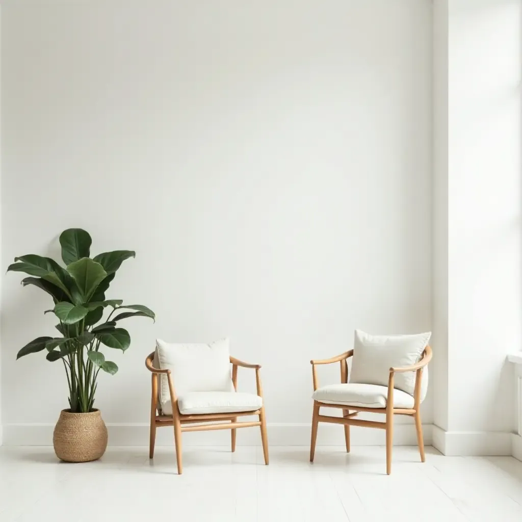 a photo of a serene minimalist space with a large indoor plant and simple furniture