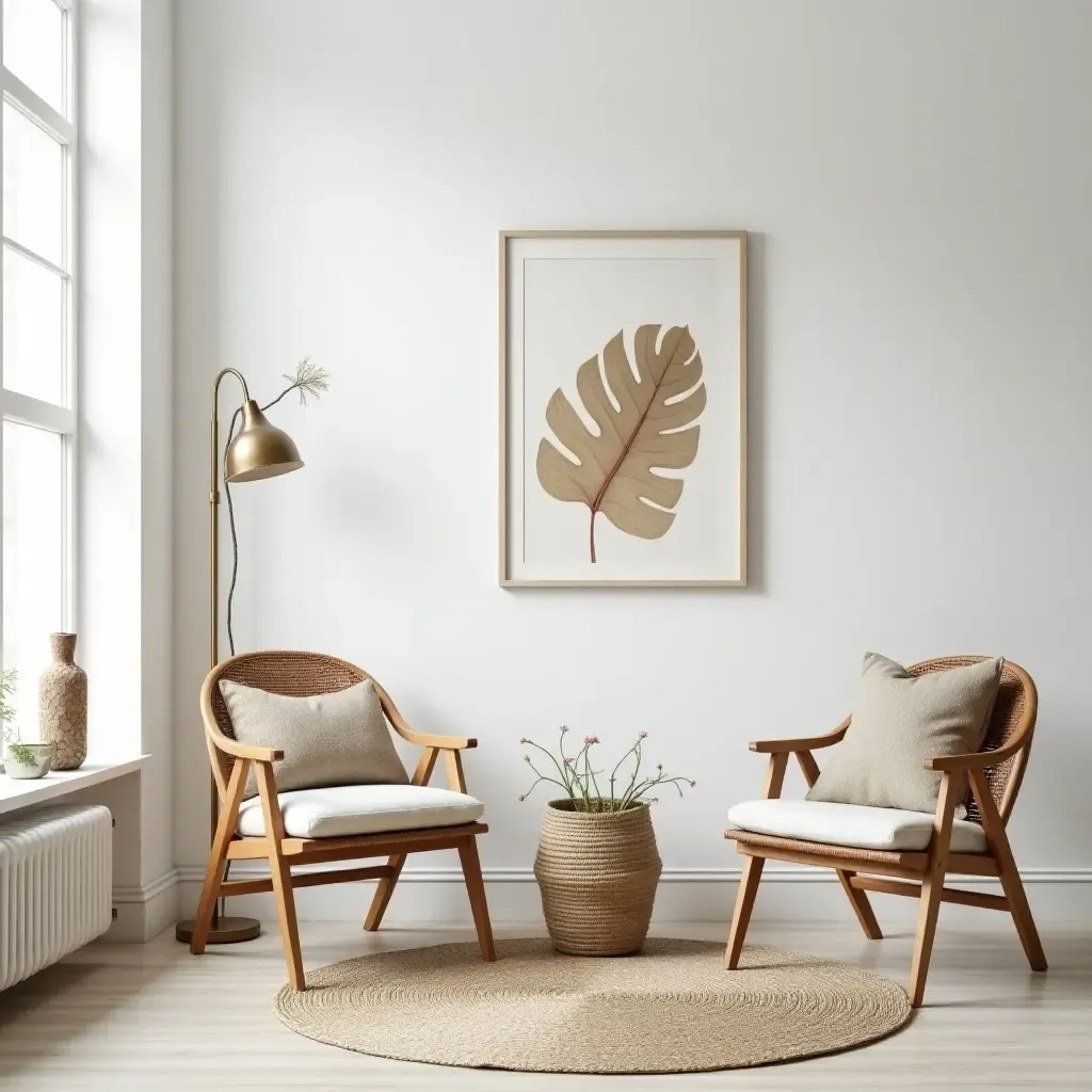 a photo of a minimalistic room with nature-inspired prints and organic textures