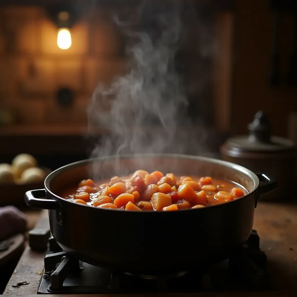 a photo of a rustic Spanish kitchen with a steaming pot of Asturian fabada stew.