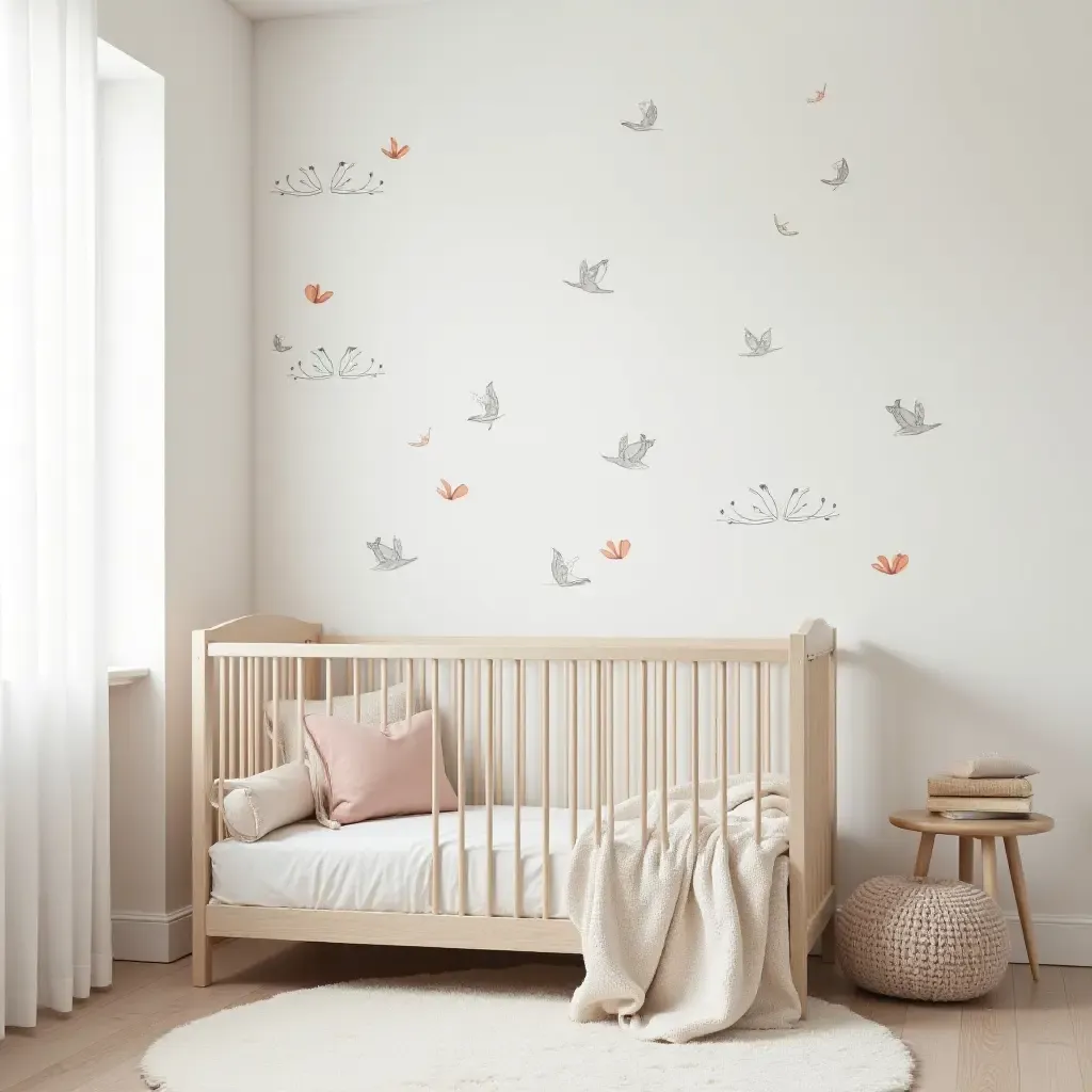 a photo of a nursery with elegant wall decals and plush seating