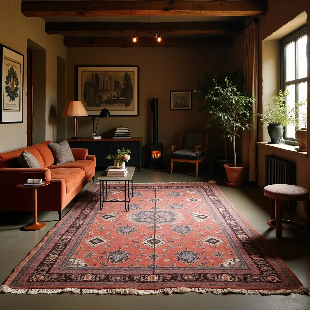 a photo of a vintage Persian rug in a chic basement setting