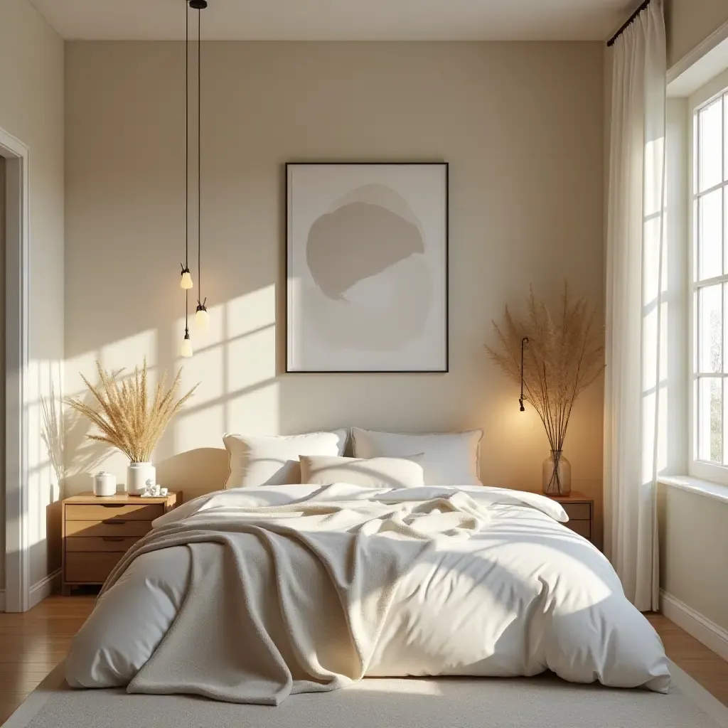 a photo of a relaxing bedroom with hand-painted ceramics and soft lighting