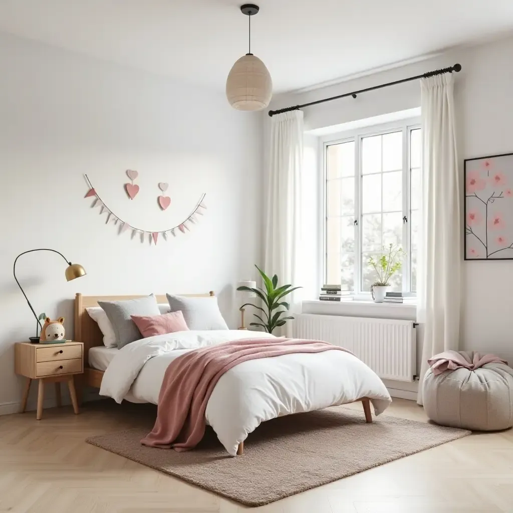 a photo of an inviting teen bedroom with Scandinavian principles and playful decor elements