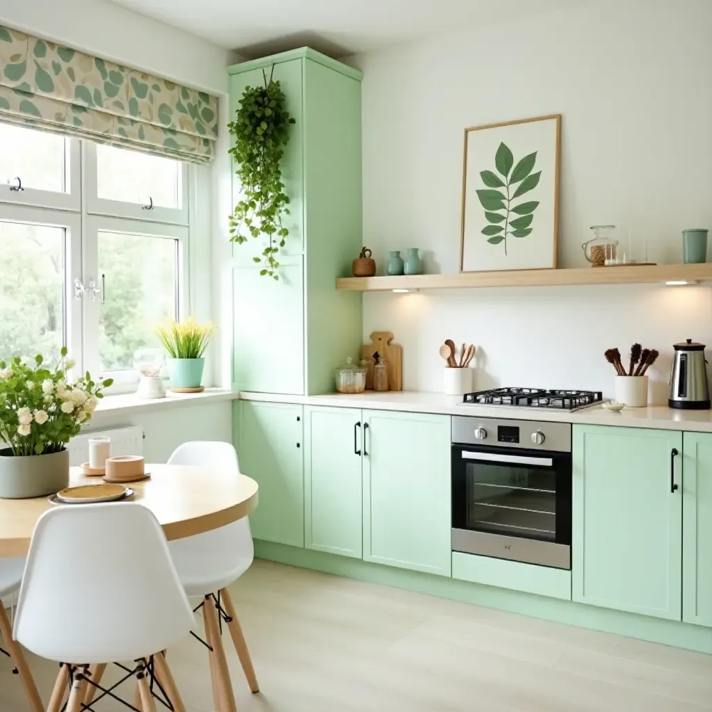 a photo of a fresh green and white kitchen with botanical decor