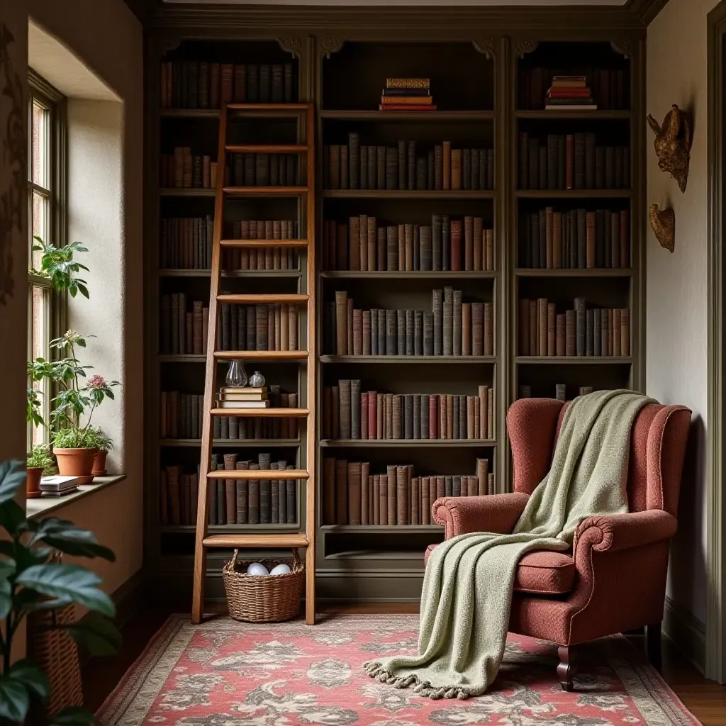 a photo of a library with a vintage ladder and cozy blankets