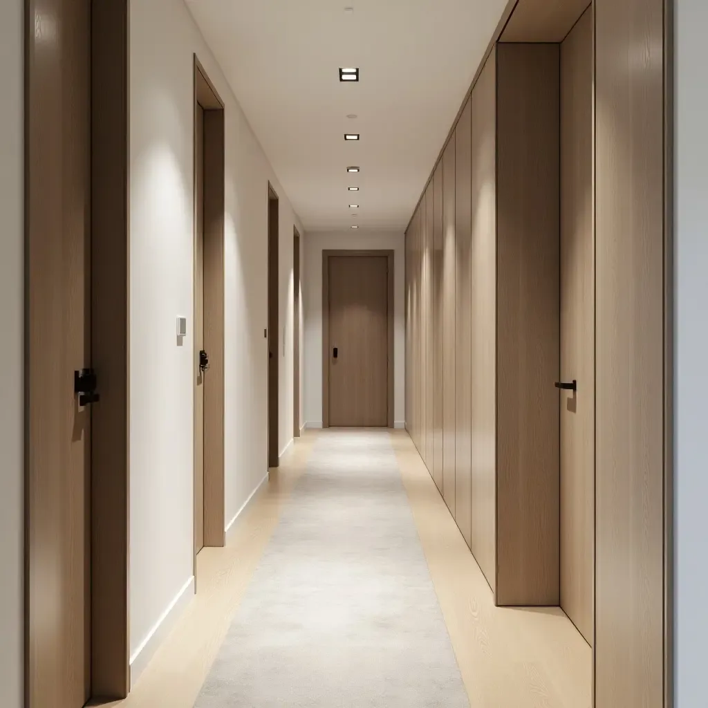 a photo of a Scandinavian-inspired corridor with a focus on functionality and style