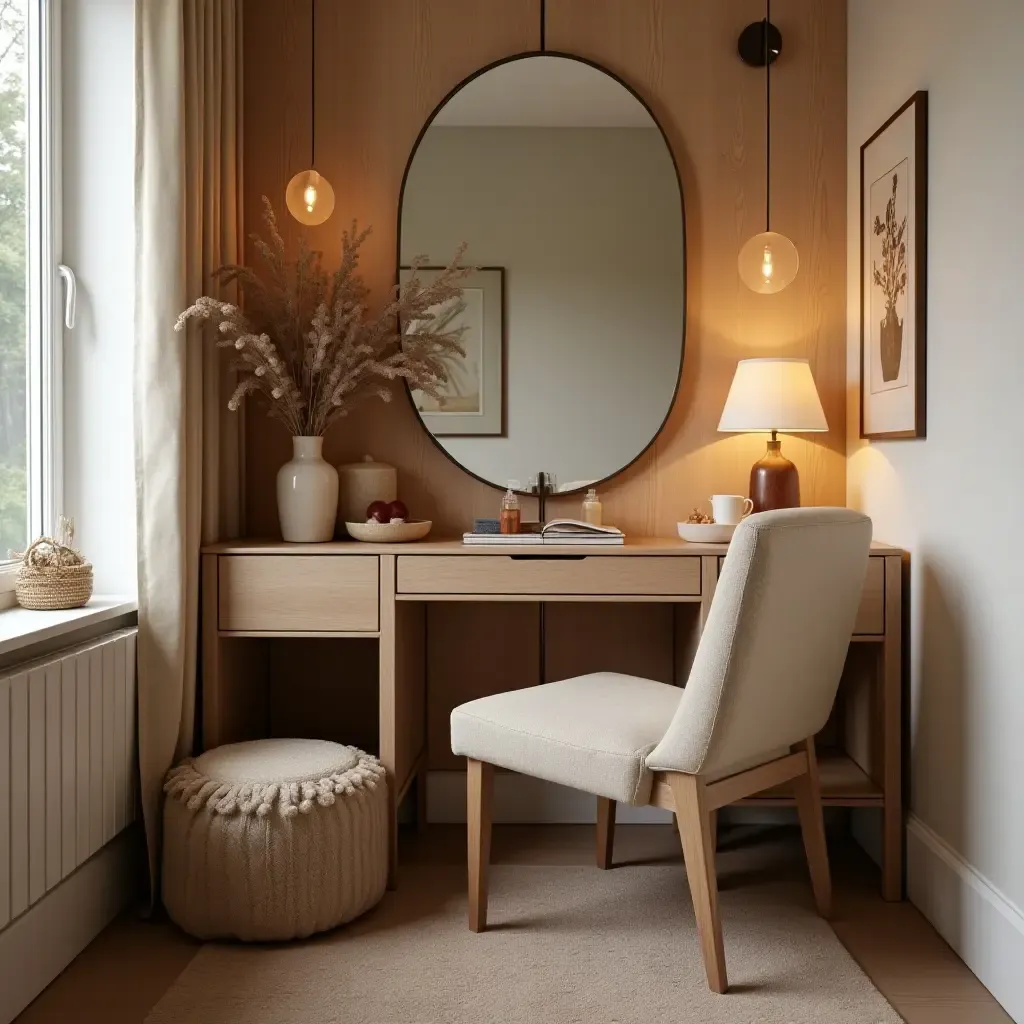 a photo of a cozy corner vanity with a comfortable chair and warm textiles