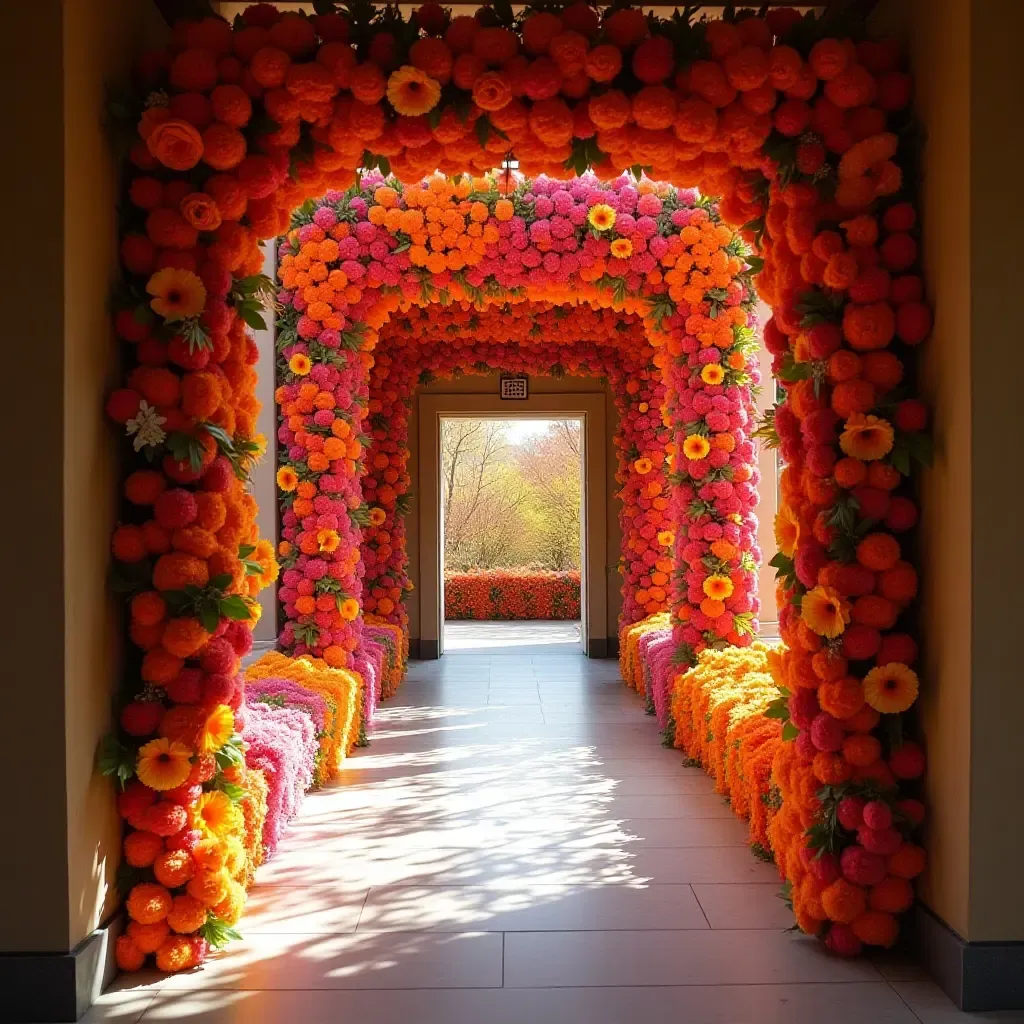 a photo of a corridor adorned with a colorful flower wall