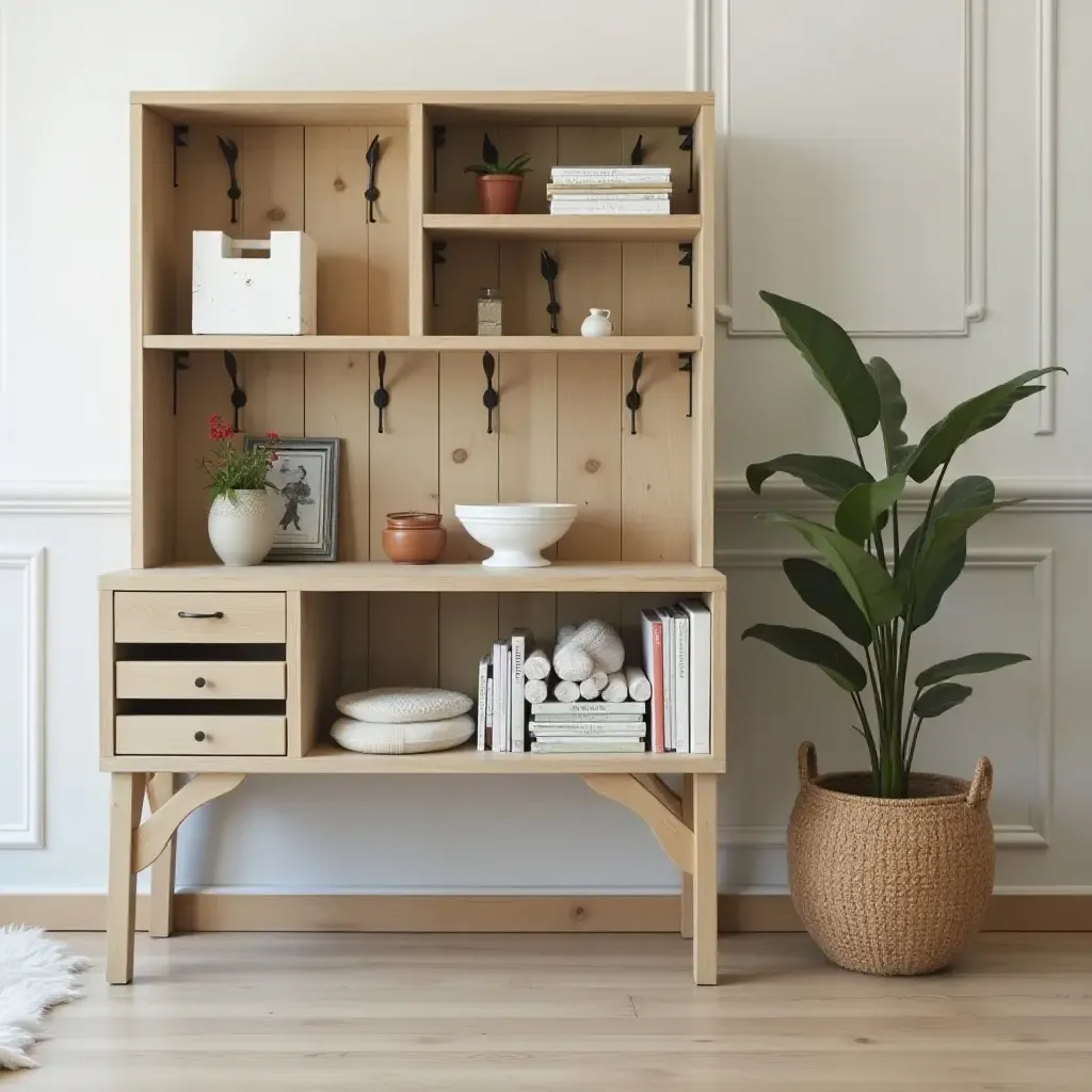 a photo of a unique storage solution using repurposed furniture