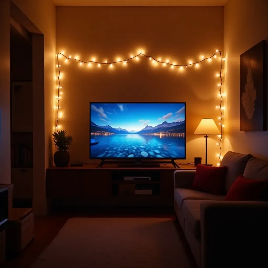 a photo of a small TV room with ambient fairy lights