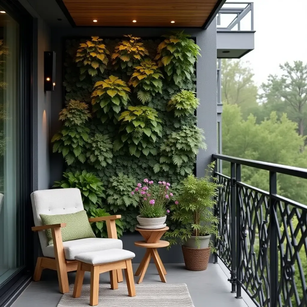 a photo of a chic balcony garden featuring a wall of succulents