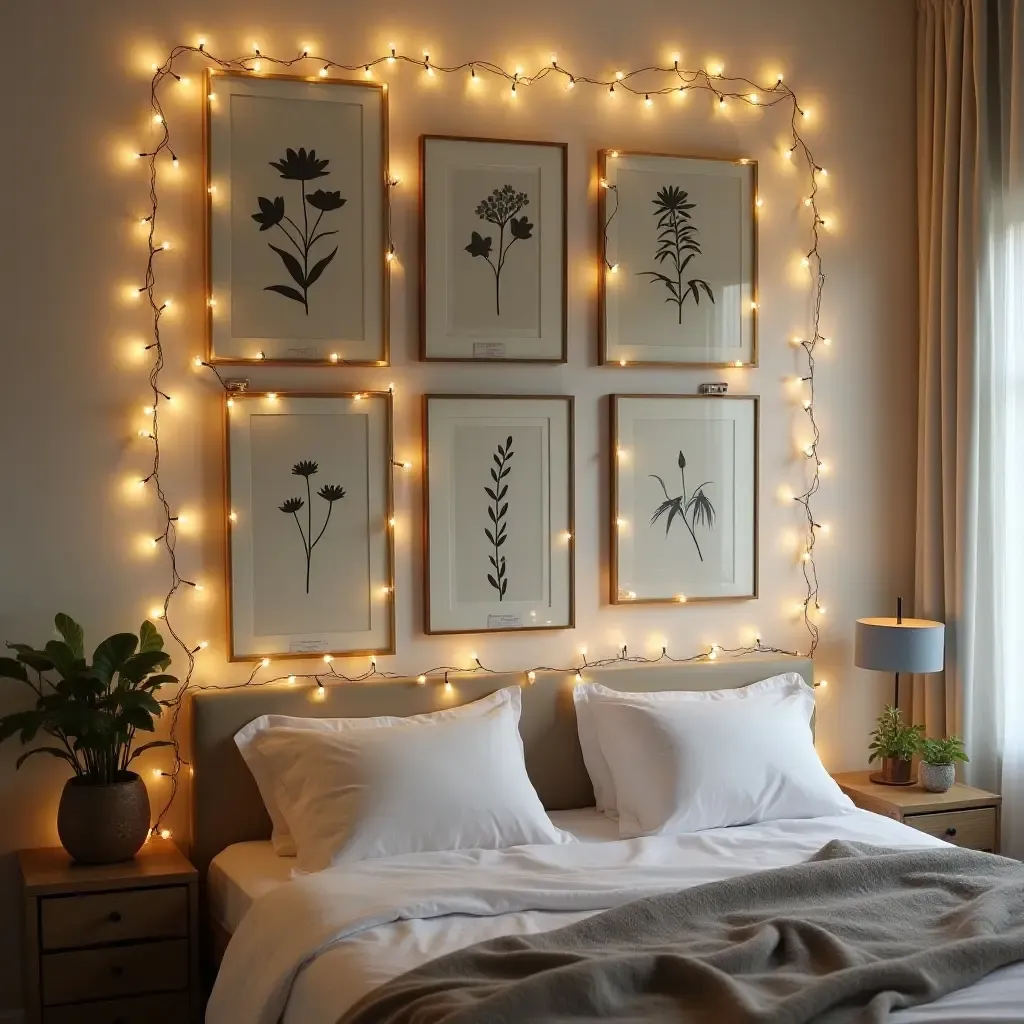 a photo of a wall adorned with botanical prints and fairy lights