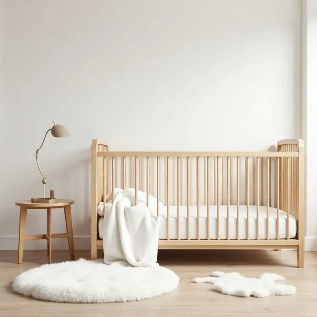 a photo of a nursery with light wood accents and soft, fluffy rugs